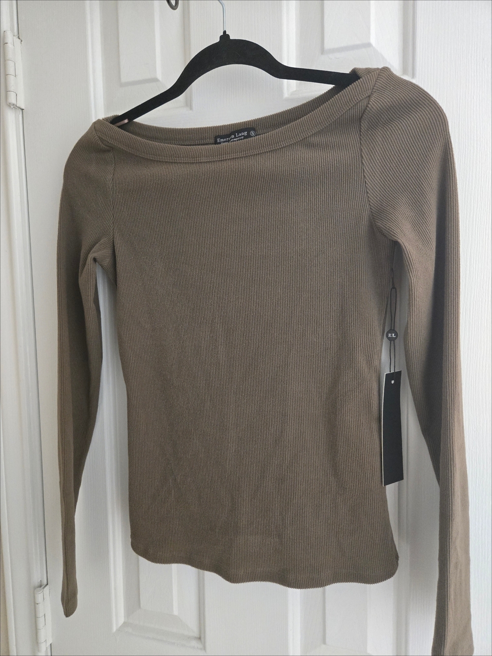 Emerson Lang Brown Ribbed Long Sleeve Boatneck Top S NWT